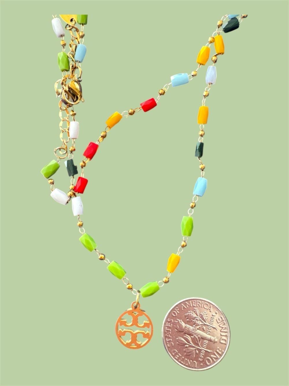 TORY BURCH SIGNATURE LOGO CHARM ON A DAINTY BEADED CHAIN 18K GOLD PVD - Picture 5 of 6